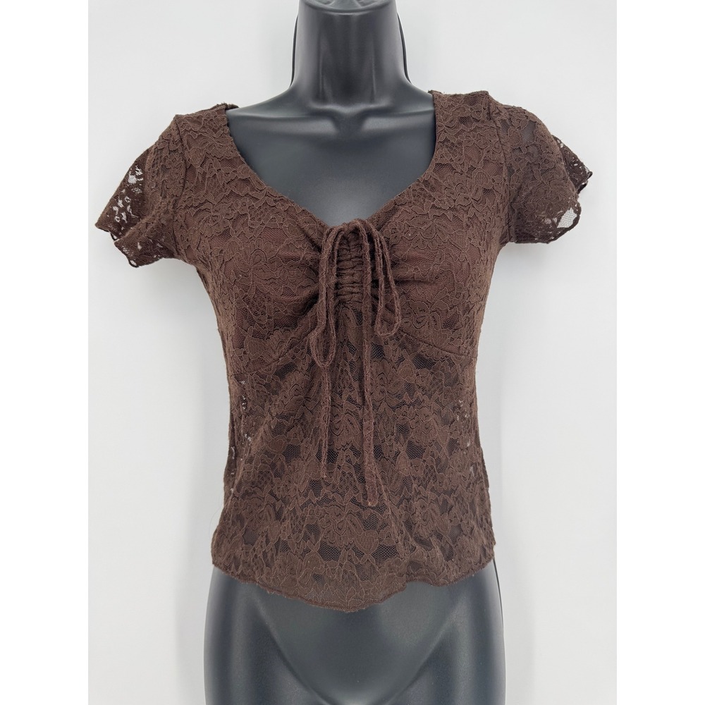 Wild Love Womens Brown Lace Short Sleeve Tie Front Cinched Bust Top Small